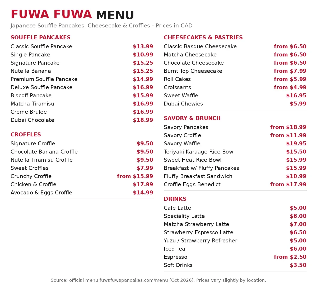 Fuwa Fuwa official menu card with souffle pancake, croffle, cheesecake and drink prices, fuwa fuwa menu prices canada