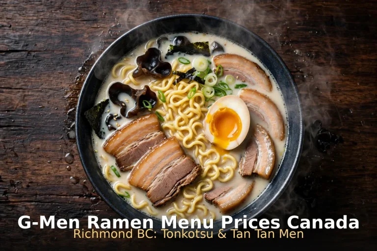 AI photo of tonkotsu ramen bowl with G-Men Ramen Menu Prices Canada text overlay, g-men ramen menu prices canada 2026