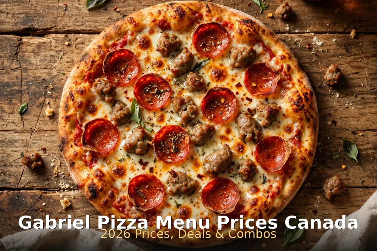 Gabriel Pizza Menu Prices Canada 2026: pepperoni and sausage pizza on a wooden table, gabriel pizza menu prices canada