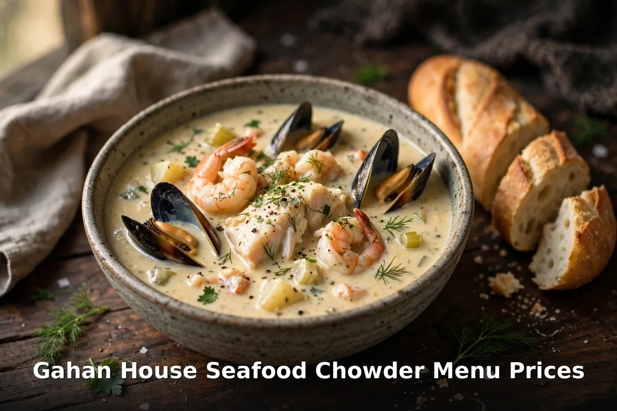 Gahan House seafood chowder menu prices: creamy East Coast seafood chowder with mussels and shrimp in Canada