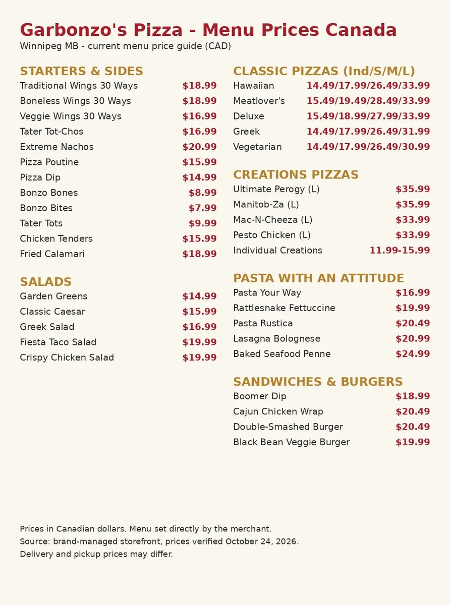 Garbonzo's Pizza menu prices Canada, current menu card with starters, pizzas and pasta prices in CAD