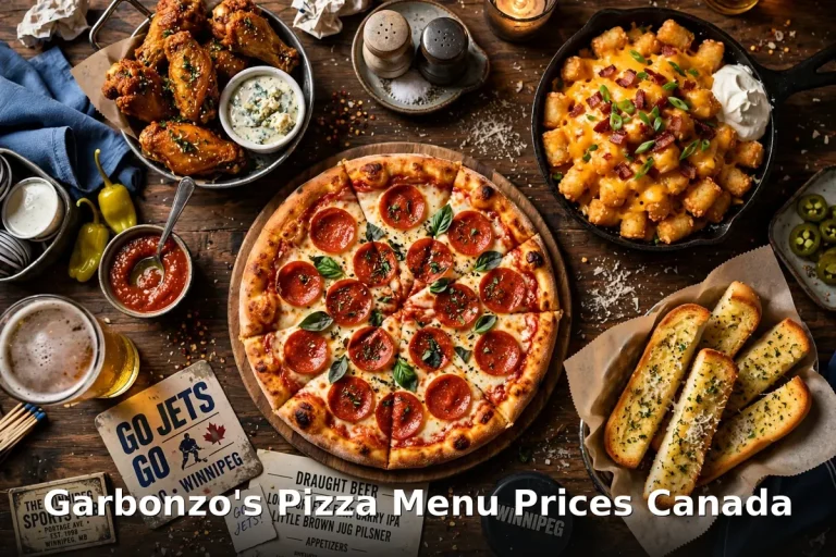 Garbonzo's Pizza sports pub pizza spread, Garbonzo's Pizza menu prices Canada 2026