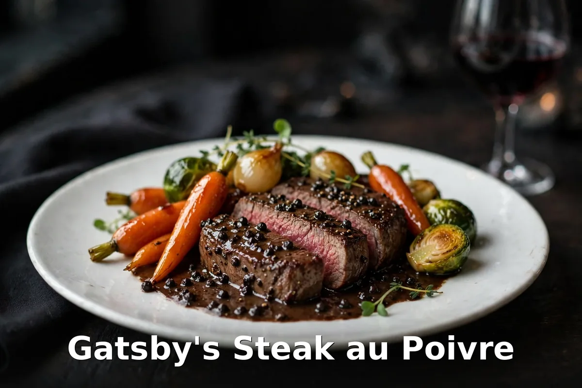 Gatsby's Steak au Poivre Calgary, sliced pepper steak with carrots and brussels sprouts on a white plate