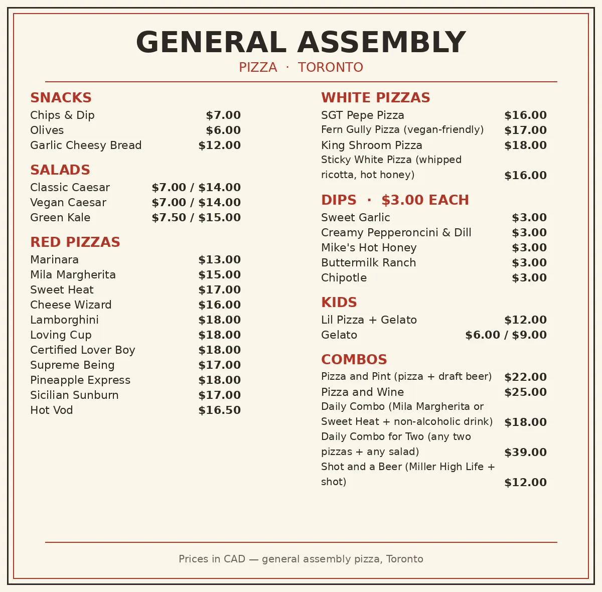 General Assembly Pizza official menu card with red pizza, white pizza, combo and gelato prices, general assembly pizza menu prices canada