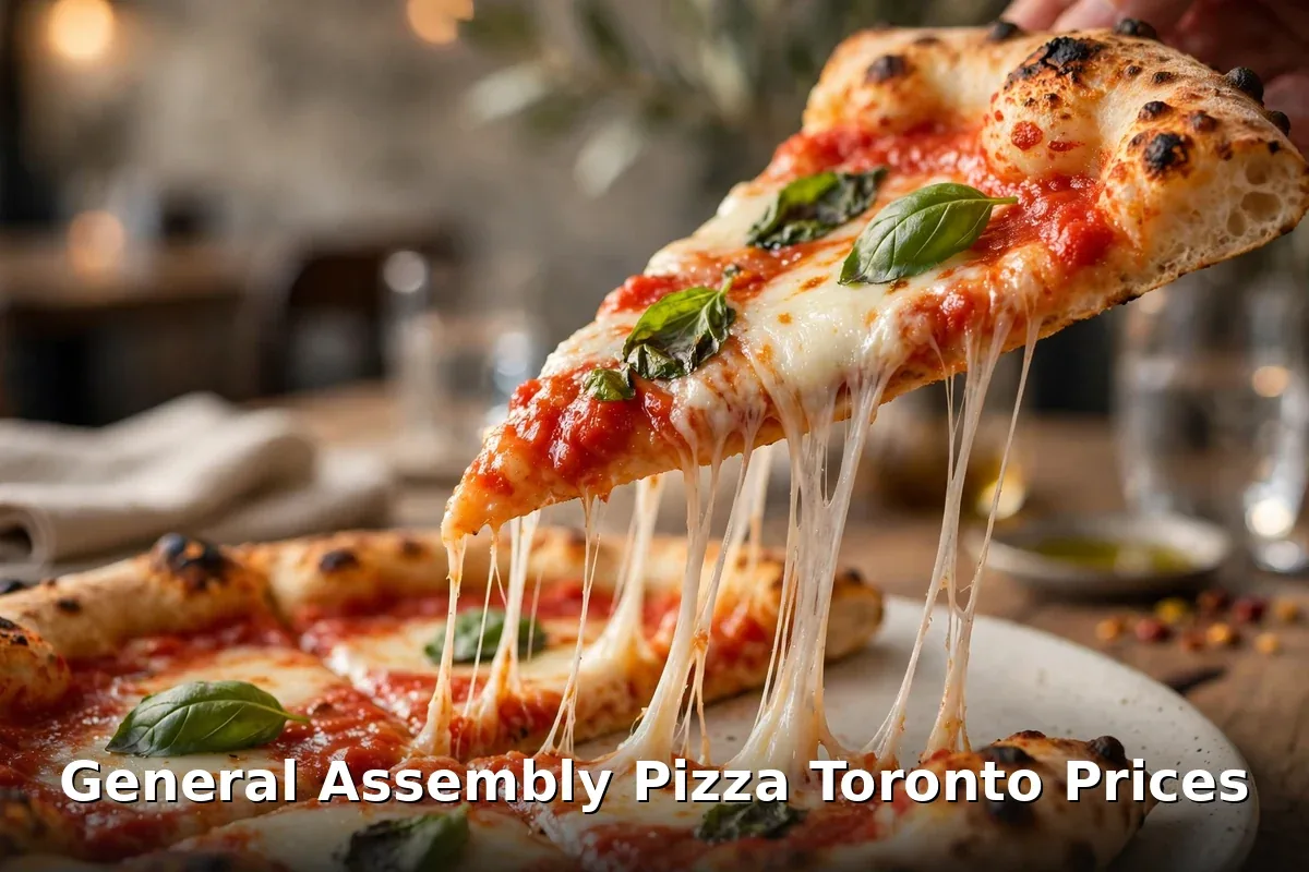 Blistered margherita pizza with melted mozzarella at General Assembly Pizza, general assembly pizza Toronto prices