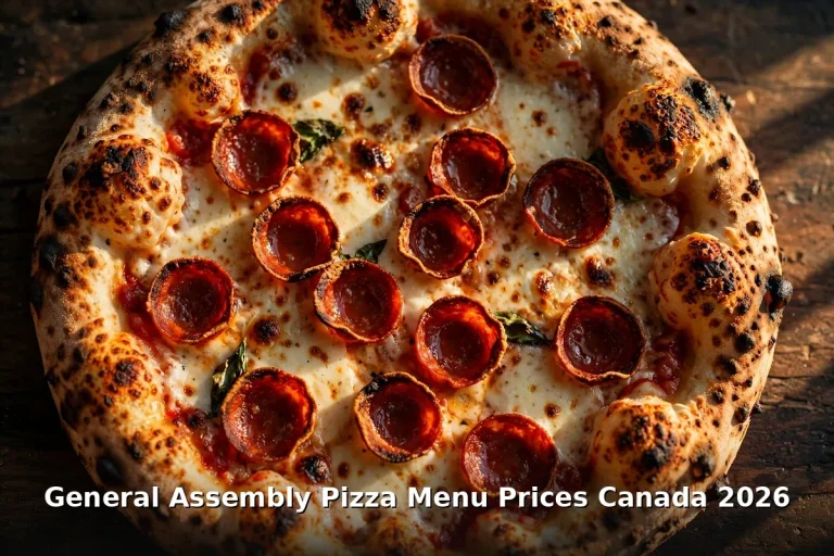 General Assembly Pizza Menu Prices Canada 2026: blistered naturally-leavened pepperoni pizza on a dark wooden table