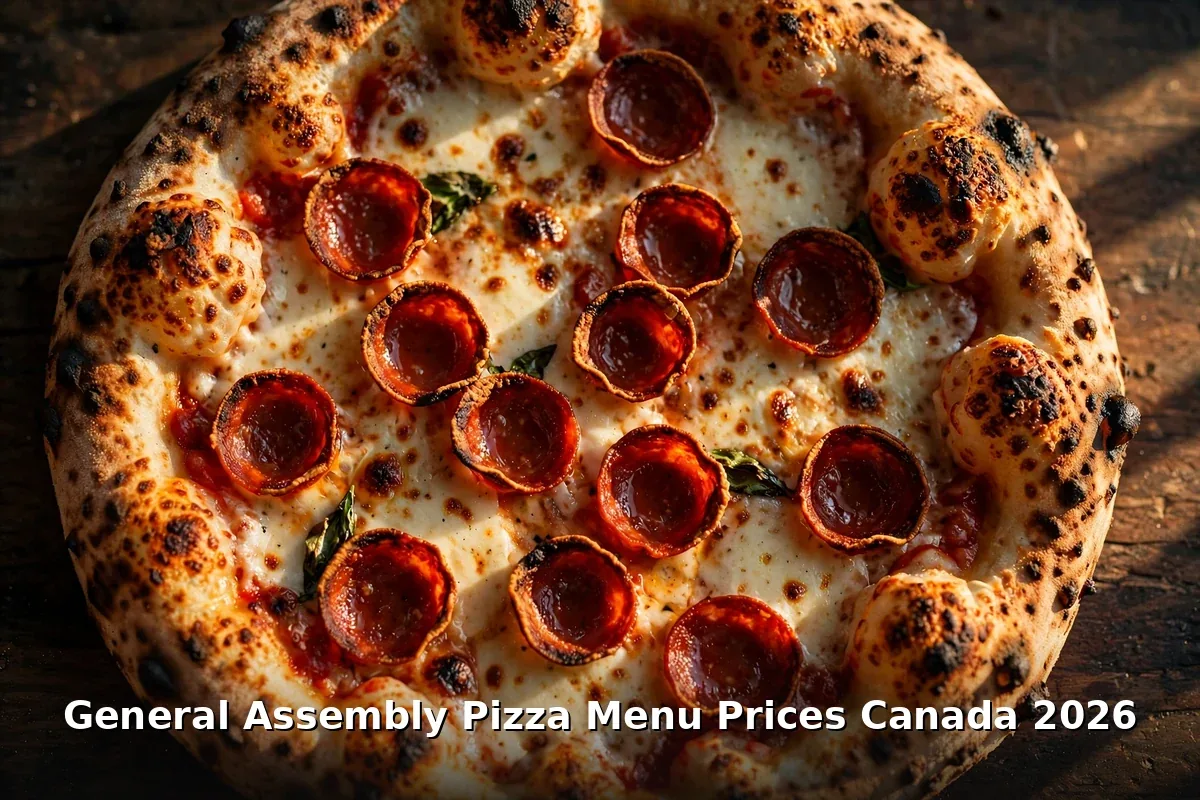 General Assembly Pizza Menu Prices Canada 2026: blistered naturally-leavened pepperoni pizza on a dark wooden table