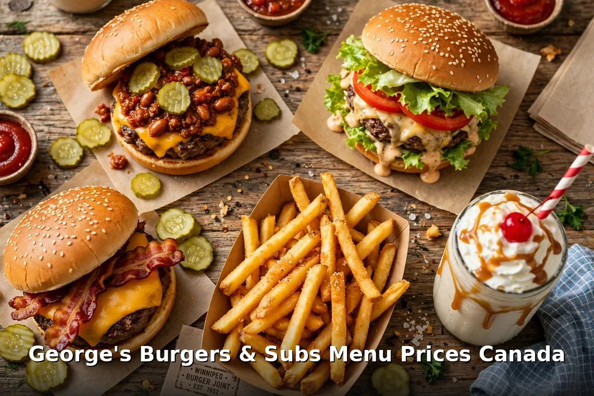 George's Burgers & Subs menu prices Canada 2026, AI Winnipeg-style smash burger spread