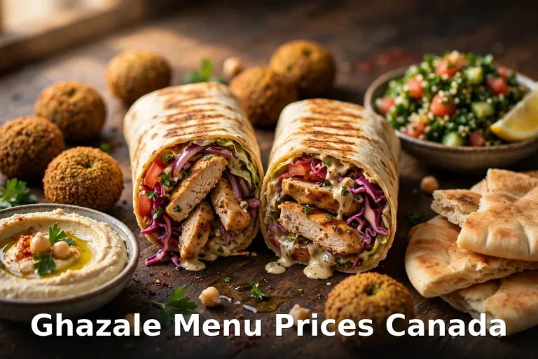 Ghazale menu prices Canada 2026: chicken shawarma wraps, falafel, hummus and tabbouleh on a Toronto Middle Eastern spread