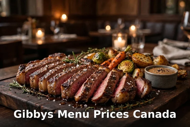 Gibbys menu prices Canada 2026 featured: AI-generated steakhouse ribeye dinner with PIL keyword overlay