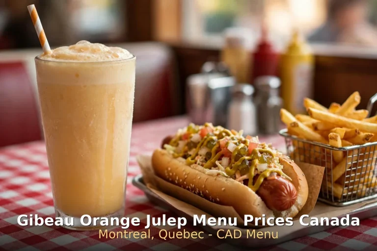 Gibeau Orange Julep menu prices Canada 2026 featured: AI-generated orange juice, hot dog and fries photo