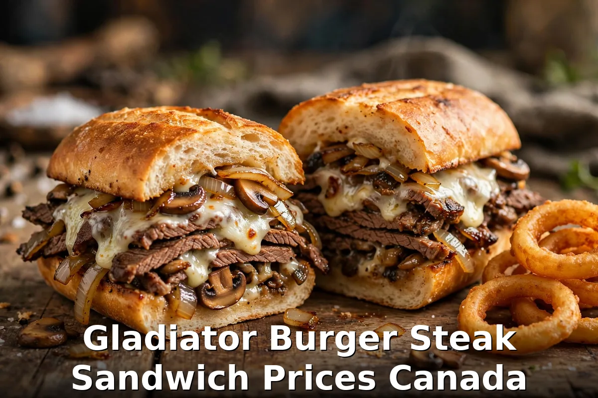 Gladiator Burger steak sandwich with melted cheese and mushrooms, gladiator burger steak sandwich prices canada