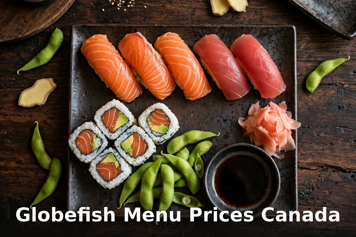 Globefish menu prices Canada 2026: salmon nigiri and maki sushi platter on a dark slate plate