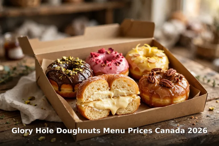 Assorted gourmet doughnuts in a bakery box with cream-filled and glazed doughnuts, glory hole doughnuts menu prices canada 2026