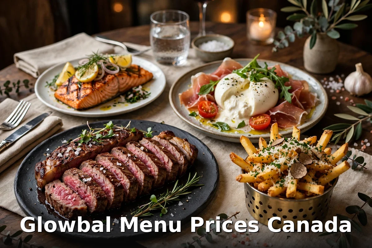 Glowbal menu prices Canada 2026 featured: AI-generated West Coast steak and seafood dinner spread with PIL keyword overlay