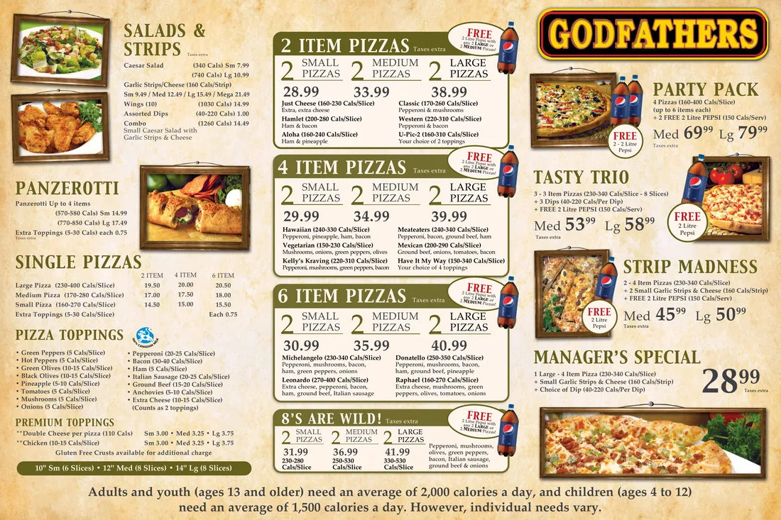 Godfather's Pizza menu card with current Ontario prices, godfathers pizza menu prices canada