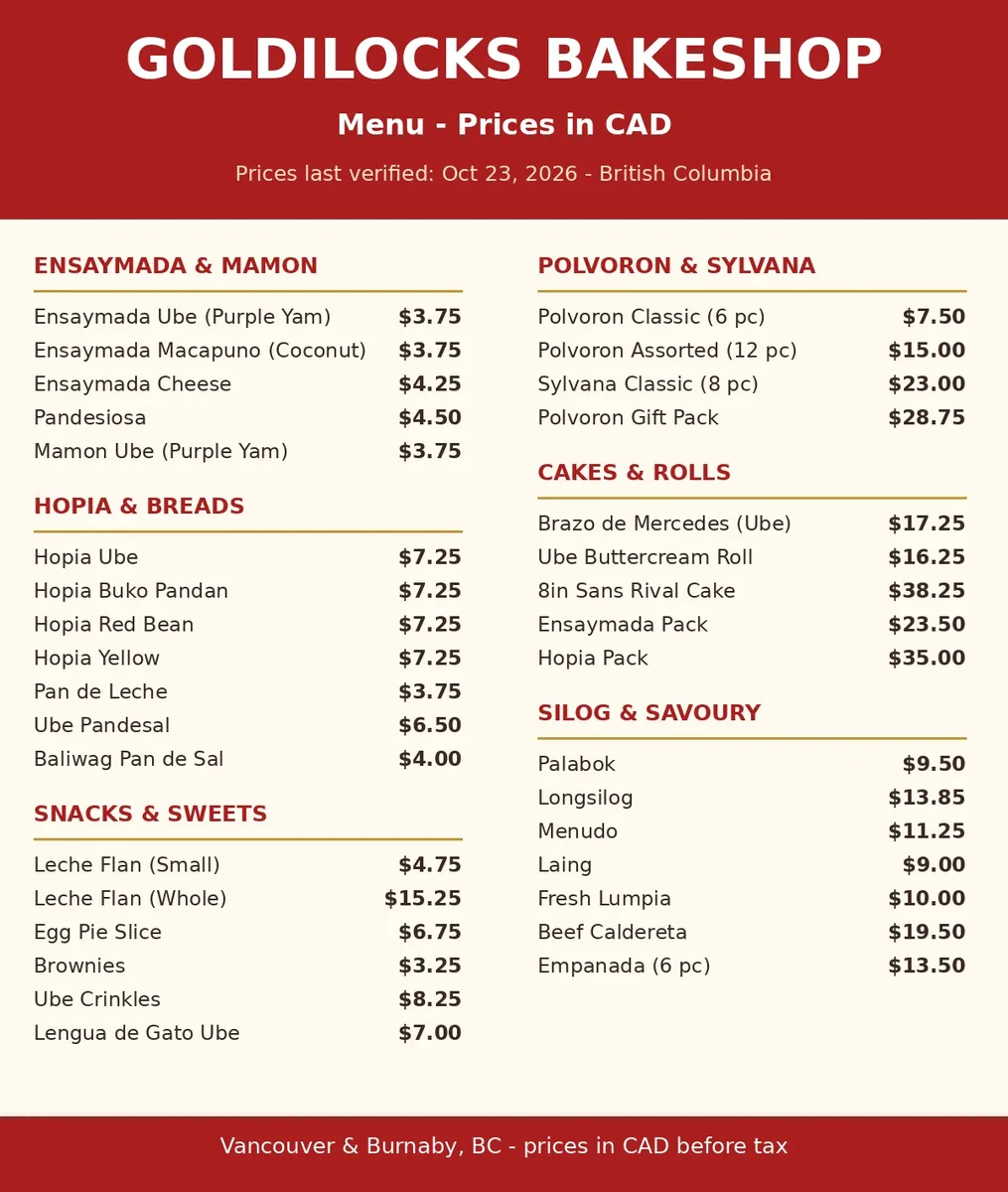 Goldilocks Bakeshop menu card Canada 2026 with ensaymada, hopia and cake prices in CAD