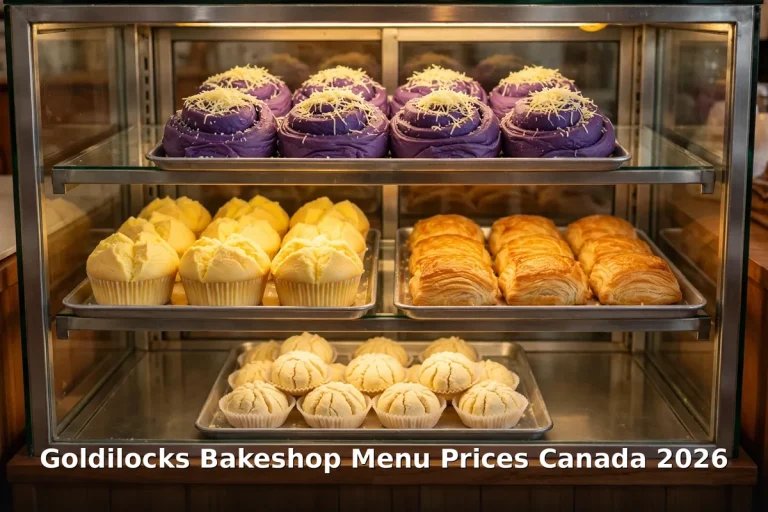 Goldilocks Bakeshop menu prices Canada 2026 - ube ensaymada, mamon and hopia in bakery case