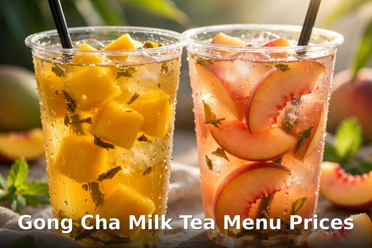 Fresh bubble tea cups with mango and peach fruit tea, Gong Cha milk tea menu prices