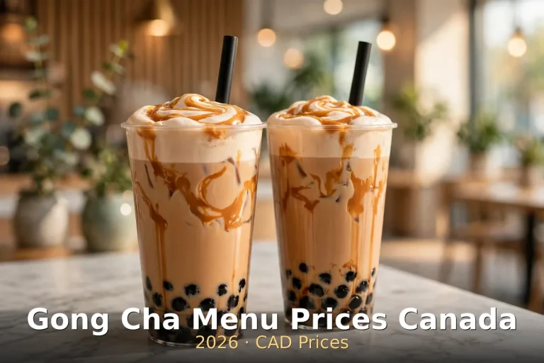 Two brown sugar bubble tea cups with milk foam caps and tapioca pearls, gong cha menu prices canada 2026