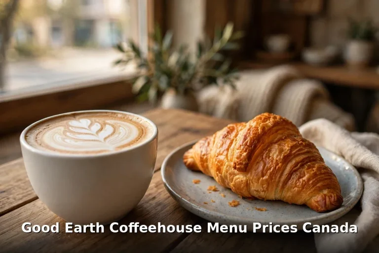 good earth coffeehouse menu prices canada 2026: latte with leaf latte art and a butter croissant on a cafe table by the window