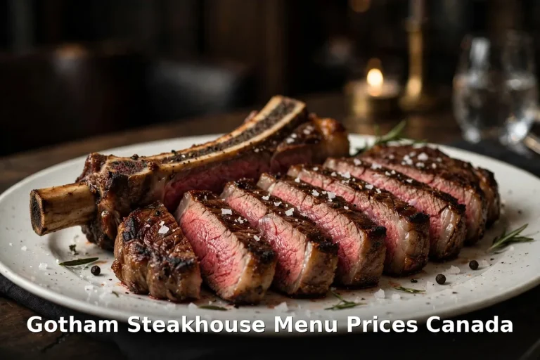 Gotham Steakhouse menu prices Canada 2026: sliced bone-in ribeye steak with sea salt and rosemary on a white plate, gotham steakhouse menu prices canada