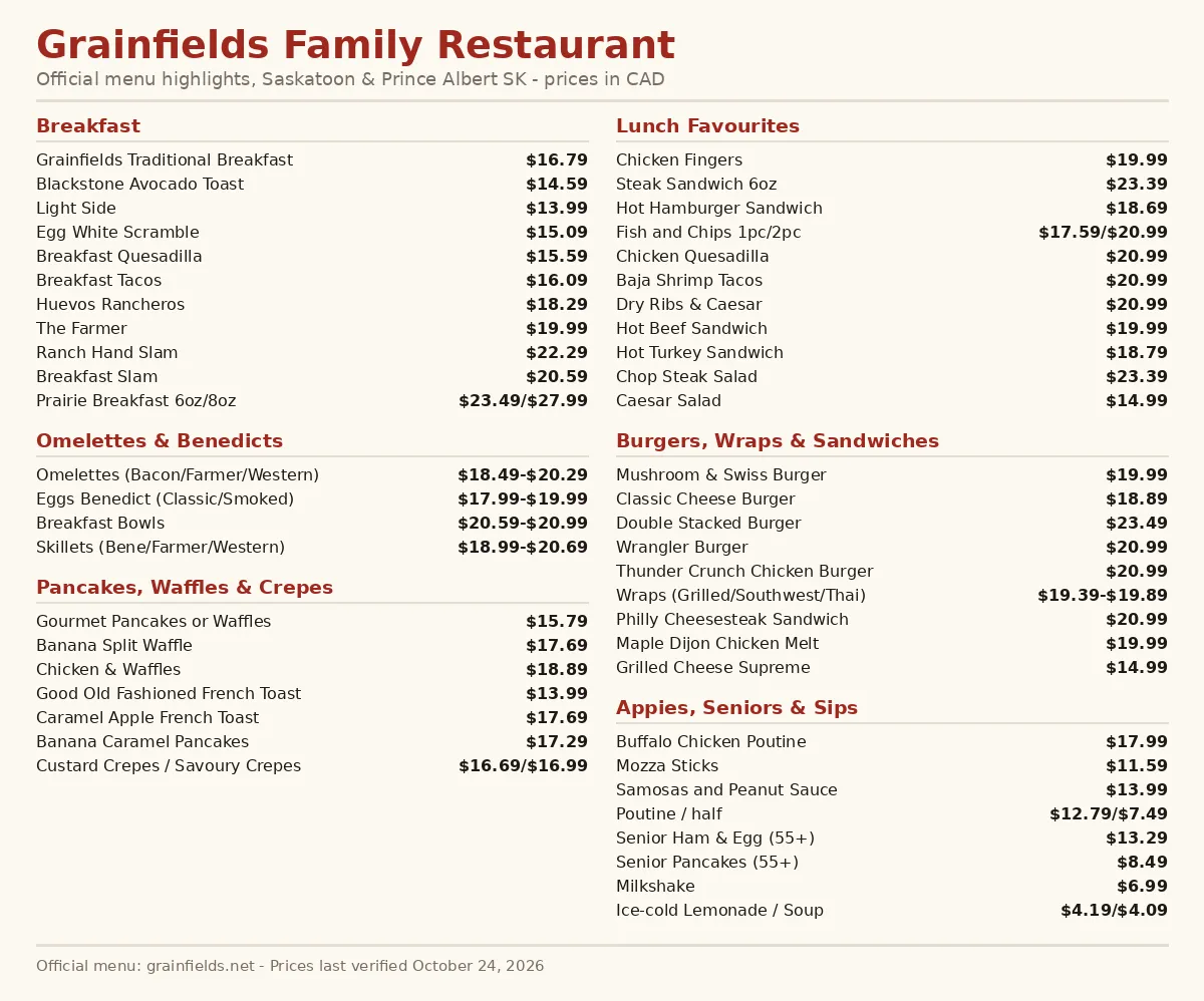 Grainfields menu card showing breakfast, benedict, pancake, burger and lunch prices in CAD, Grainfields menu prices Canada