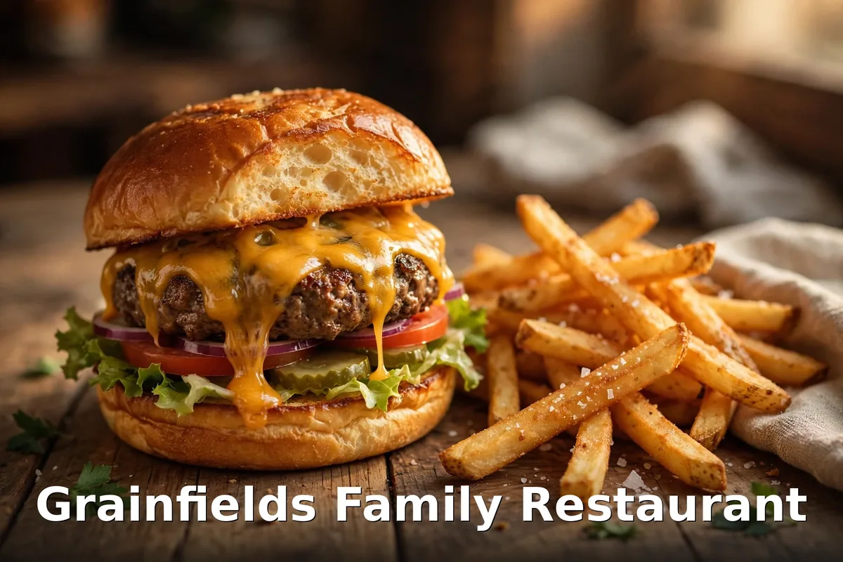 Grainfields family restaurant burger with fries, Grainfields burgers and family restaurant menu prices Canada