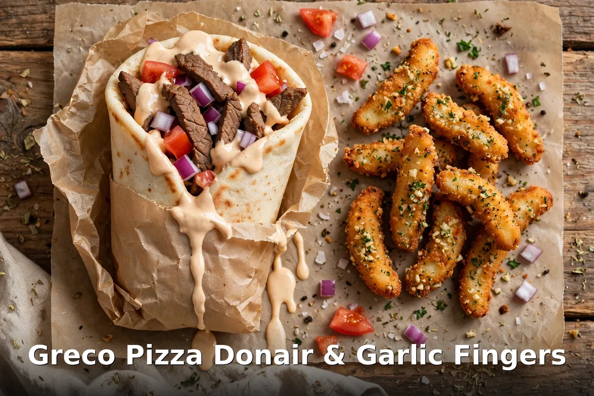 Greco Pizza donair and garlic fingers prices Canada: donair wrap with donair sauce and garlic fingers with sweet donair dipping sauce