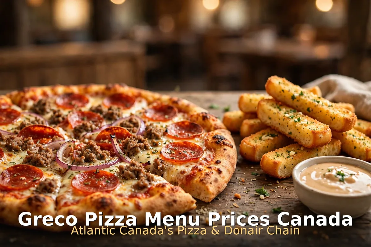 Greco Pizza Menu Prices Canada 2026: pepperoni and meat pizza with garlic fingers and sweet donair dipping sauce on a wooden table