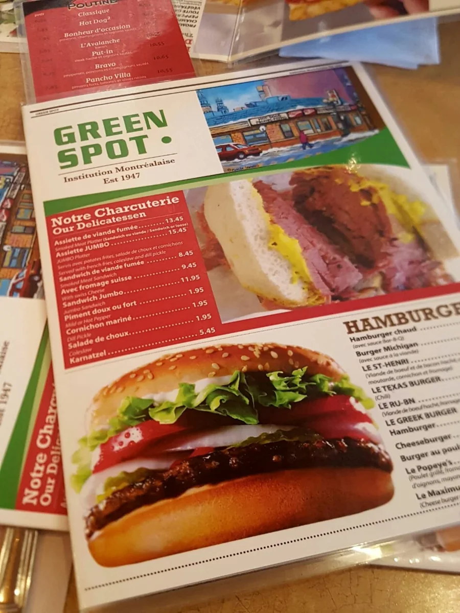 Green Spot Montreal diner menu card with smoked meat sandwiches and poutine prices, greenspot menu prices canada