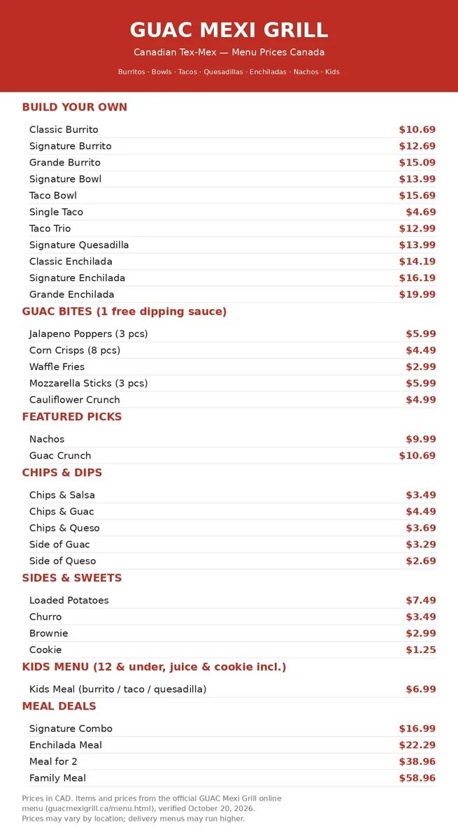 Guac Mexi Grill menu prices Canada 2026: official GUAC Mexi Grill menu card with burrito, bowl, taco, enchilada and meal deal prices