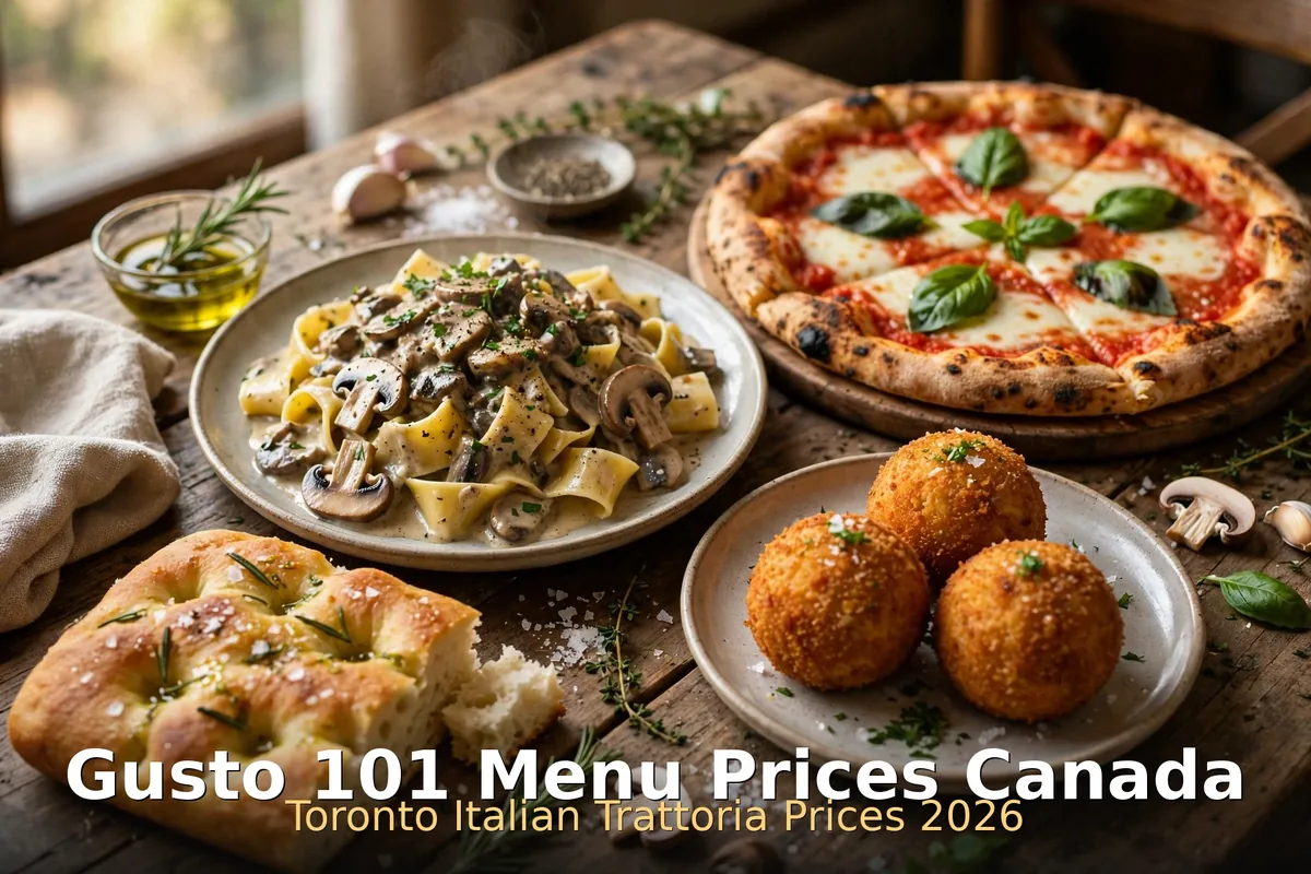 Wood-fired pasta, margherita pizza, focaccia and arancini spread at Gusto 101 Toronto, gusto 101 menu prices canada 2026