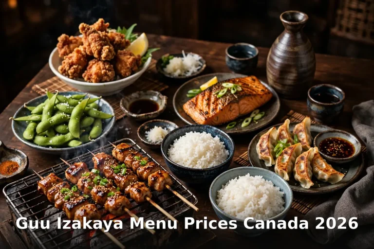 Guu Izakaya menu prices Canada 2026: izakaya feast with chicken karaage, sashimi and teishoku bento on a dark wood table