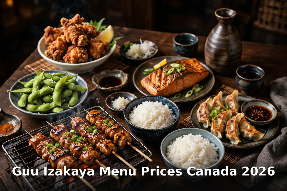 Guu Izakaya menu prices Canada 2026: izakaya feast with chicken karaage, sashimi and teishoku bento on a dark wood table