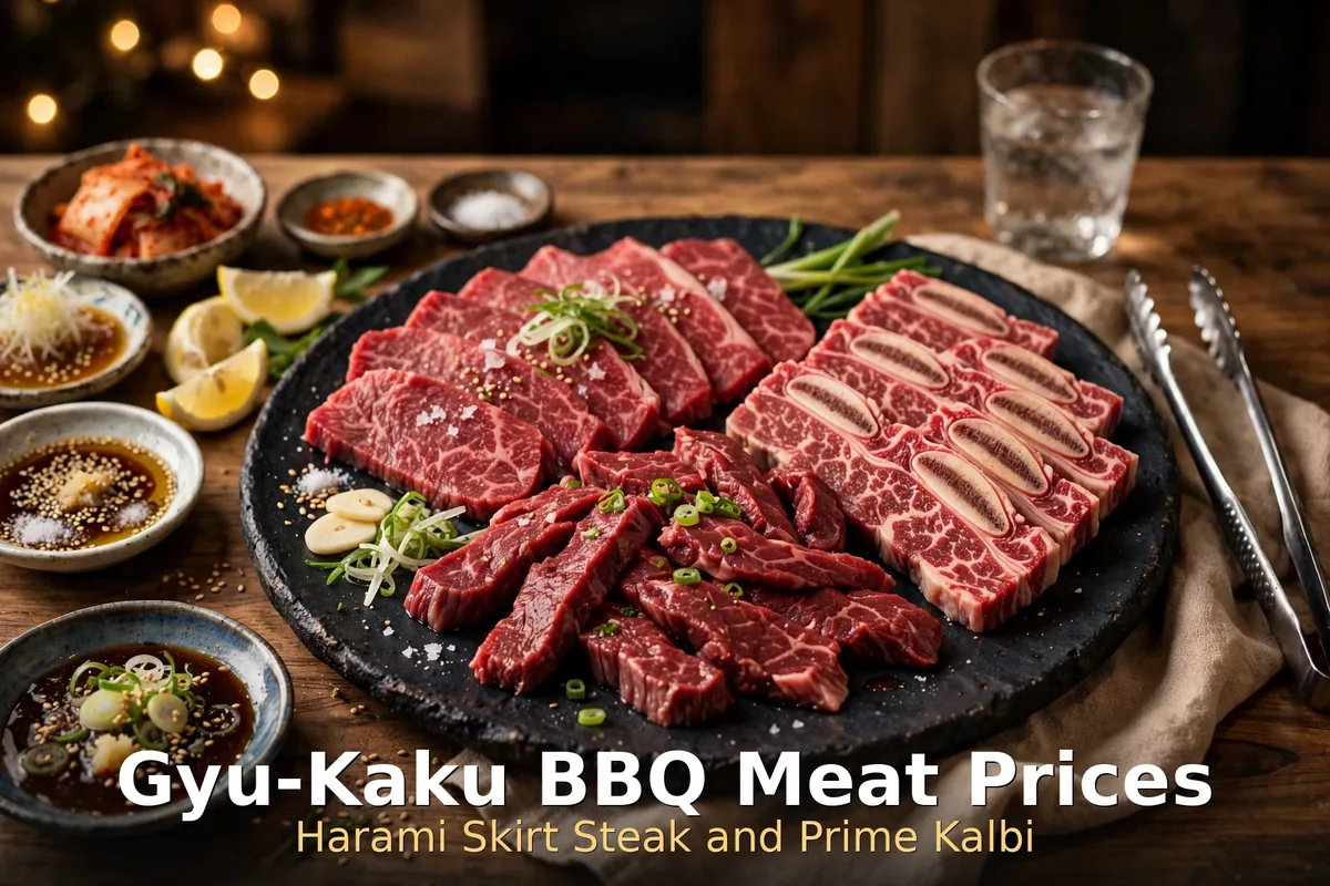 Gyu-Kaku BBQ meat prices Canada: harami skirt steak and prime kalbi short rib for tabletop grilling