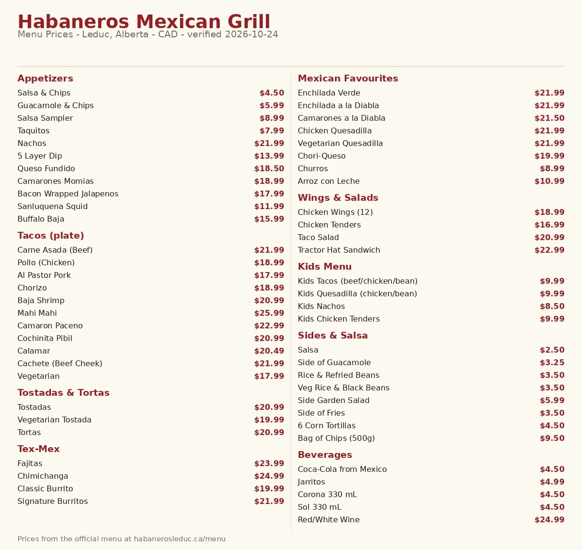 habaneros menu prices, current Habaneros Leduc Canada menu card with taco, burrito and appetizer prices in CAD