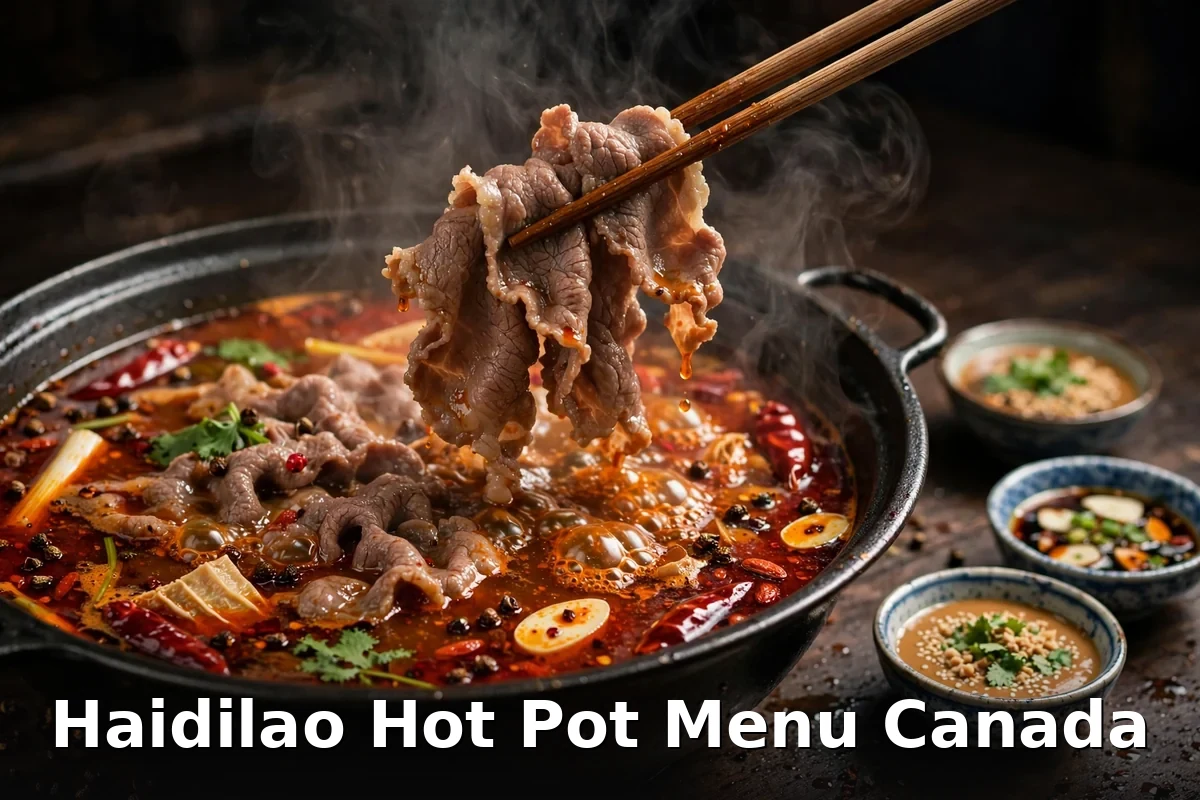 Thinly sliced marbled beef lifted from a spicy Sichuan hot pot at Haidilao Canada