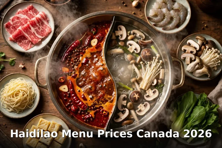 Split Sichuan hot pot with mala and mushroom broths, haidilao menu prices canada 2026