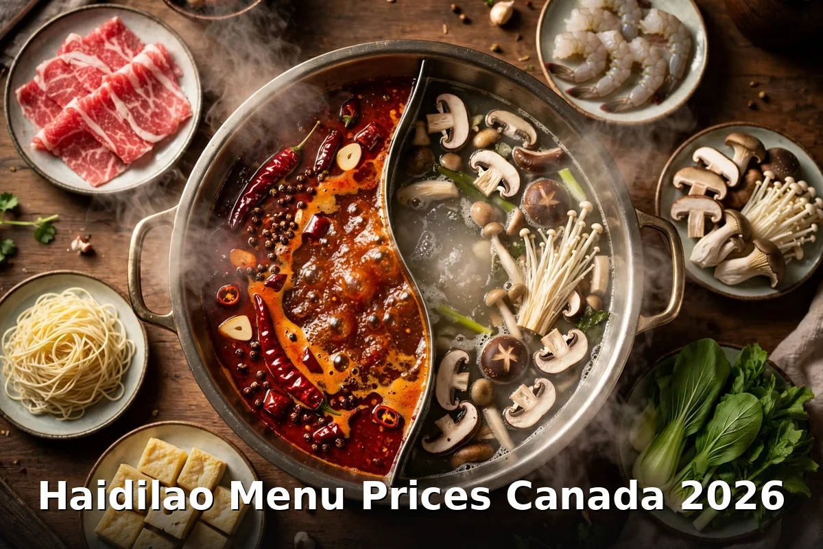 Split Sichuan hot pot with mala and mushroom broths, haidilao menu prices canada 2026