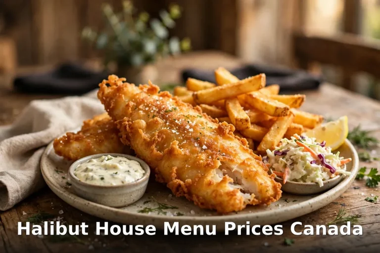 Halibut House menu prices 2026: crispy battered halibut fish and chips with fries and tartar sauce, halibut house menu prices canada