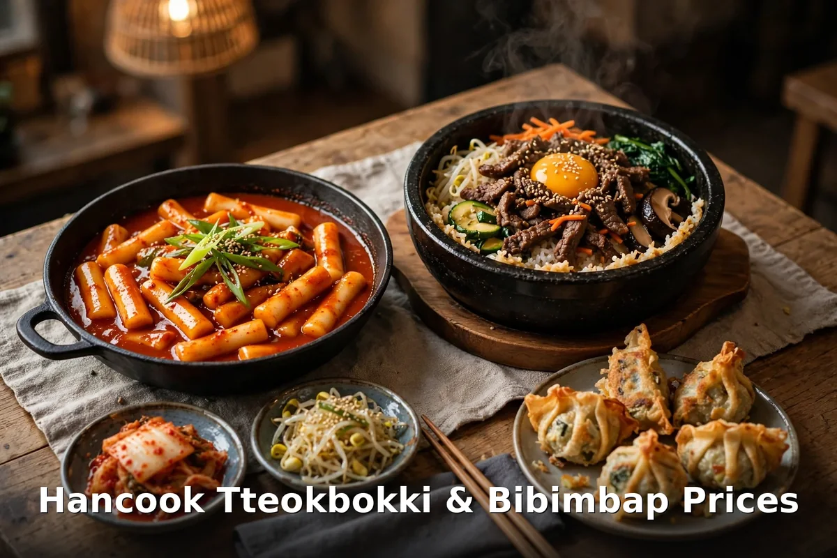 Hancook tteokbokki and bibimbap menu prices Canada - spicy rice cakes and beef bibimbap with Korean sides, hancook cheese dakgalbi menu prices canada 2026
