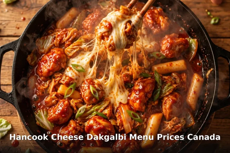 Hancook Cheese Dakgalbi menu prices Canada 2026 - AI-generated Korean cheese dakgalbi table photo with cheese pull, Hancook Cheese Dakgalbi Menu Prices Canada