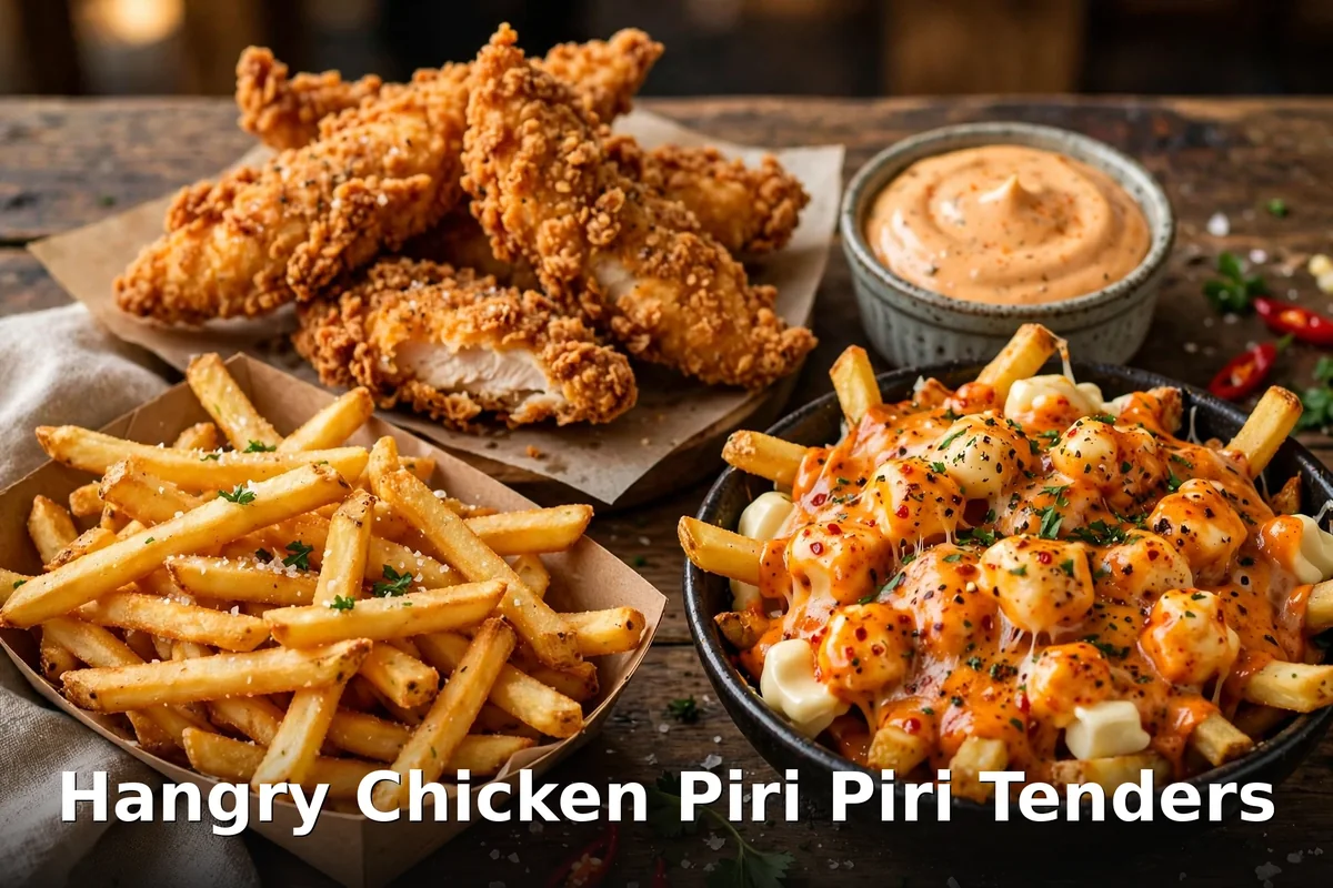 hangry chicken menu prices, AI-generated piri piri chicken tacos and buttermilk chicken tenders with fries, $12.95 and $14.95 CAD