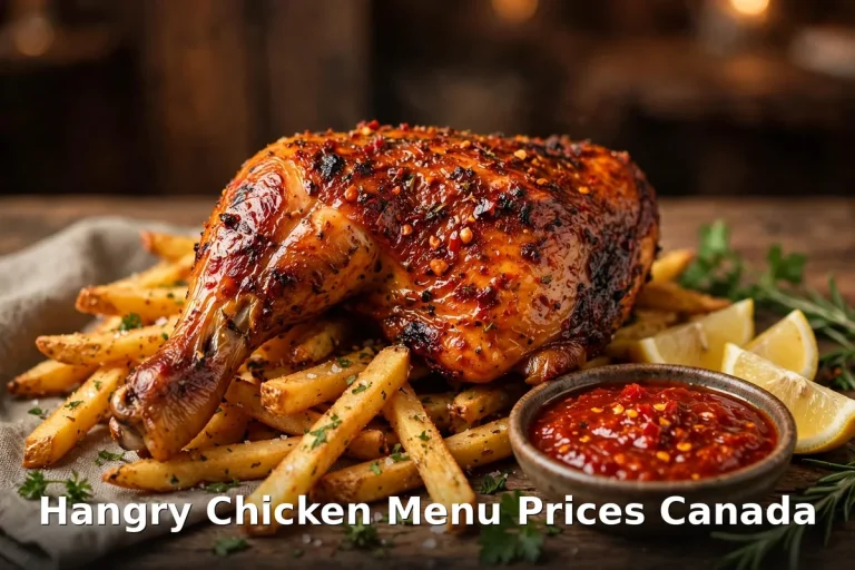 hangry chicken menu prices Canada 2026: AI-generated piri piri rotisserie chicken with flames, keyword overlay