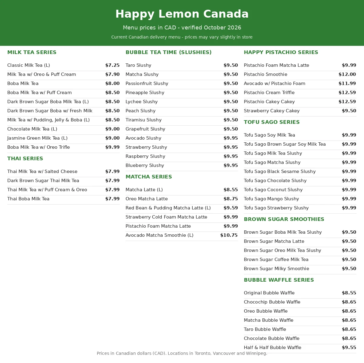 Happy Lemon menu prices Canada: official current Canadian menu card with milk tea, matcha, slush and bubble waffle prices