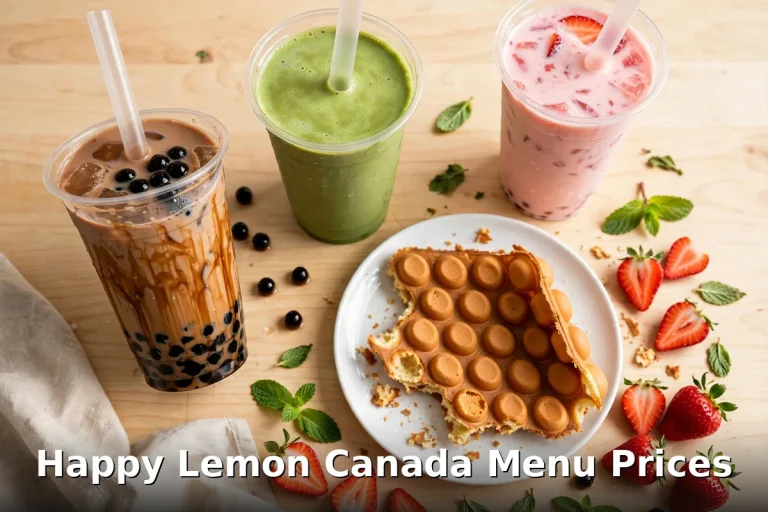Happy Lemon menu prices Canada 2026: iced bubble tea cups with brown sugar boba and tapioca pearls