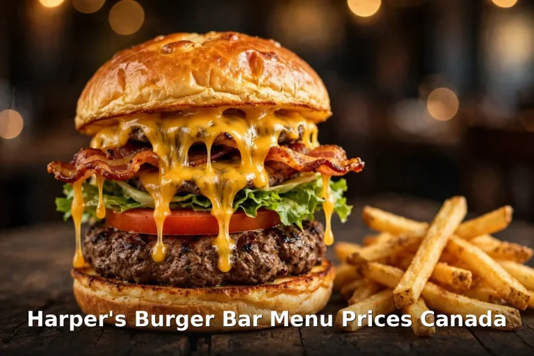 Harper's Burger Bar Menu Prices Canada 2026: gourmet cheeseburger with crispy fries on a wooden board, harper's burger bar menu prices canada