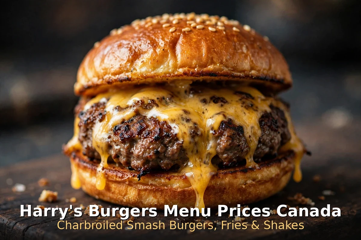harry's burgers menu prices Canada 2026: AI-generated charbroiled smash burger with fries, Harry's Burgers Menu Prices Canada