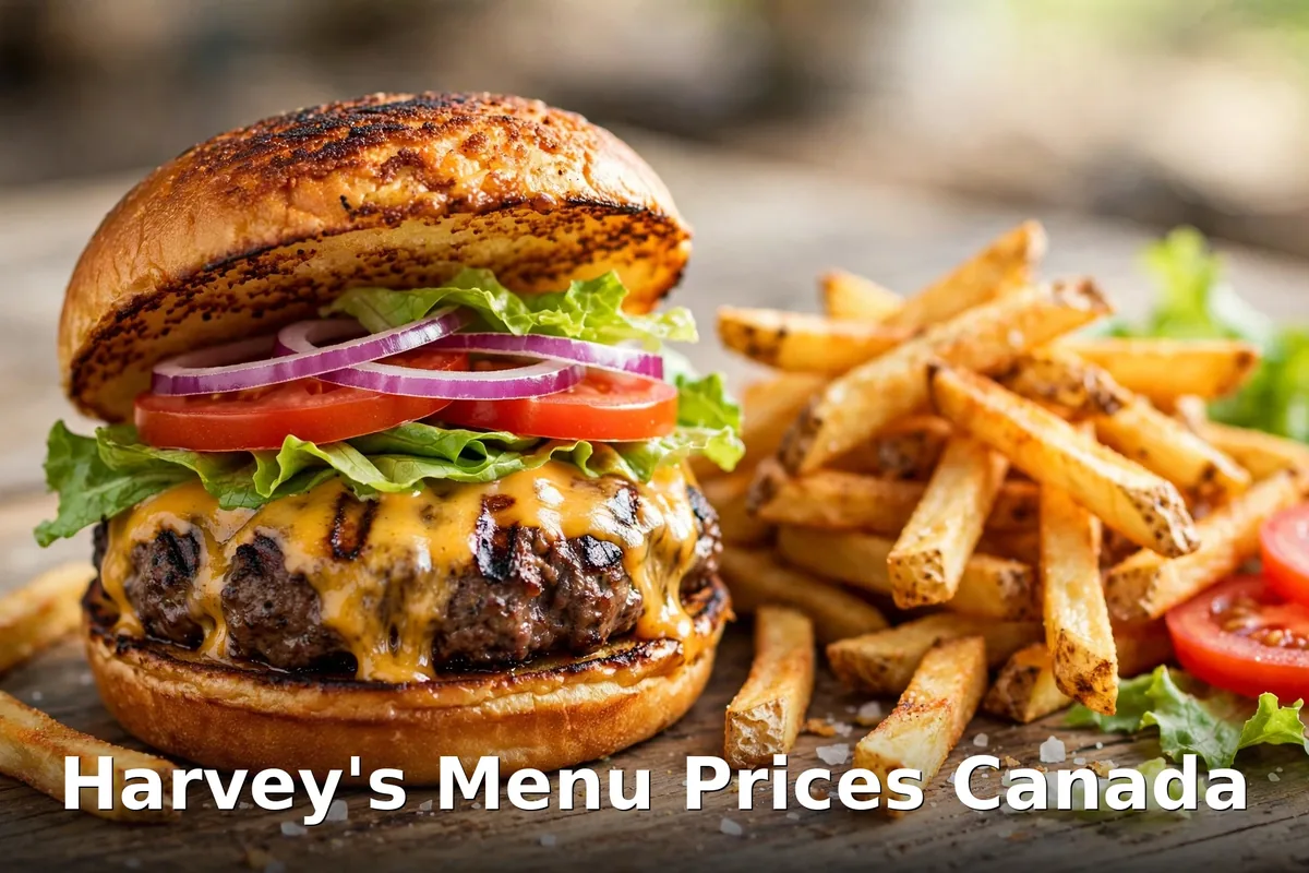 Harvey's menu prices Canada 2026, AI flame-grilled burger and fries photo with keyword text overlay